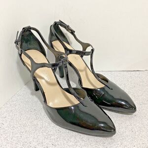 Franco Sarto "Ivana" black patent high heel t- strap shoes ladies US size 7.5M